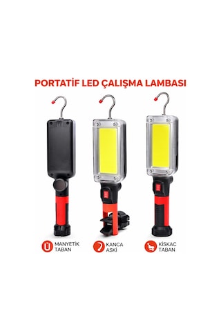 Gold Silver 60w Cob Led 1200 Lümen Şarjlı Çalışma Lambası - Mıknatıslı, Kancalı, Kıskaçlı + 2 Adet 18650 Siyah