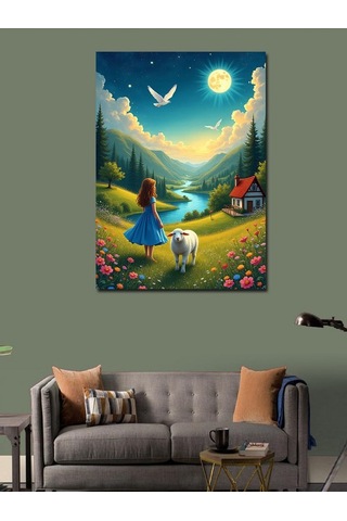 Kanvas Tablo Yeşil Vadide Kız Ve Kuzu 70cmx100cm
