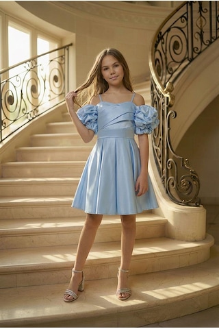 Butikhappykids Kız Çocuk Askılı Bebe Mavi Balon Kollu Monoray Kumaş Abiye Elbise 9-15 Yaş Bebe Mavi