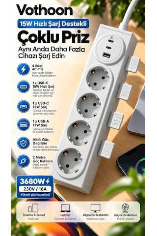 Vothoon 4 Lü Akıllı Priz Tek Dokunuşla Fiş Çıkarma 2 Metre Kablo 2 Type-c + Usb 15w Hızlı Şarj 3680w Krem Diğer