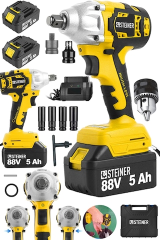 Steiner 88V 5Ah Çift Akülü Kömürsüz Çantalı Matkap Bijon Somun Sıkma Makinesi Sarı + Mandren