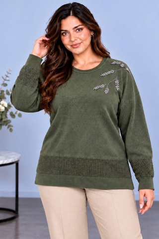 Cedy Denim Cedy Denım Kadın Bisiklet Yaka Dal Yaprak İşlemeli Taş Detaylı Dokulu Triko Kazak C27061 Haki