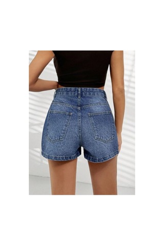 Kene Jeans Patlet Düğmeli Mavi İşlemli Kot Şort Mavi İşlemli