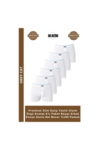 Grey Cat Premium Slim Kalıp Yazlık Giyim Örgü Kumaş 6'lı Paket Beyaz Erkek Penye Havlu Bel Boxer %100 Pamuk