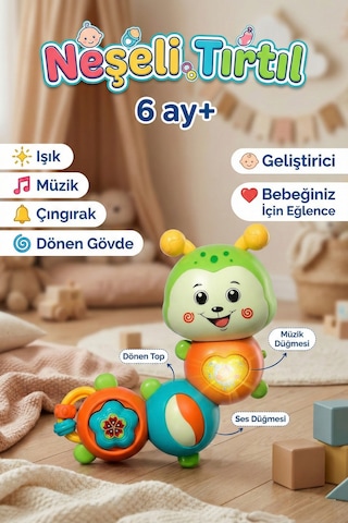 Eğlenceli Renkli Tırtıl Bebek Aksesuarı - Çıngıraklı, Aydınlatmalı Melodili Zeka Destekleyici Bebe Aktivitesi Yaş 6 Ay+