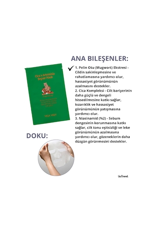Vely Vely Cica X Artemisia Repair Mask 20 Gr 10 Adet Pelin Otu Ve Centella Özü Içeren Canlandırıcı Maskesi