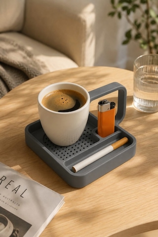 Kahve Sunum Tepsisi Çok Bölmeli Masa Üstü Organizer Kupa Fincan Standı Pla 12.5x11x7 Cm Gri