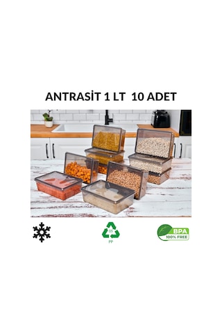 Superpup Dondurucu Mikrodalga Erzak Saklama Kabı Antrasit 10 Adet 1 L 23 x 14 x 8 CM Antrasit