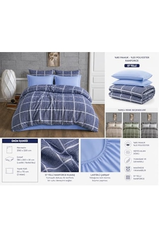Lüks%80 Pamuklu Çift Kişilik Nevresim Takımı Seti Yorgan Kılıfı Mavi Lacivert Kare Beyaz Çizgi Desen 200x220 Cm + Lastikli Battal Boy Çarşaf 180x200x30 Cm +2 Yastık Kılıflı 50x70 Cm Diğer
