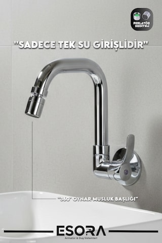 360 Oynar Başlıklı Duvardan Tek Su Mutfak - Banyo Ve Lavabo Bataryası Krom