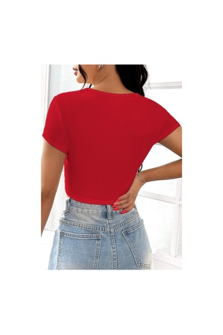 Rooted-kadın Kare & Havuz Yaka Crop T-shirt ,likralı Fitilli Kaşkorse Kumaş Kırmızı