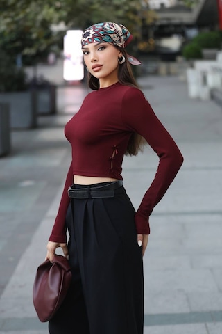 Mersi Bordo Bluz Ottoman Yan Kurdele Detay Bordo