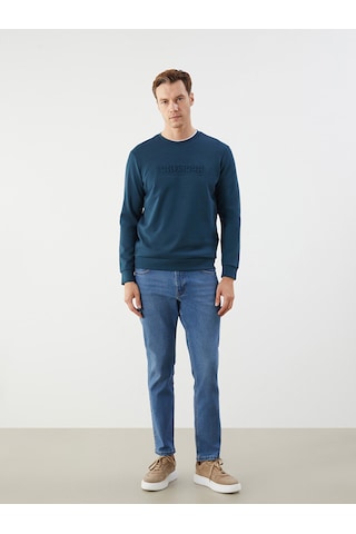 Lcwaıkıkı Classic Petrol Bisiklet Yaka Baskılı Erkek Sweatshirt Petrol Mavi