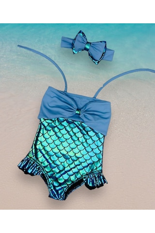 Kız Çocuk Balıksırtı Parlak Renk Geçişli Göğüs Fiyonk Detay Boyun Bağlama Mayo Çok Renkli