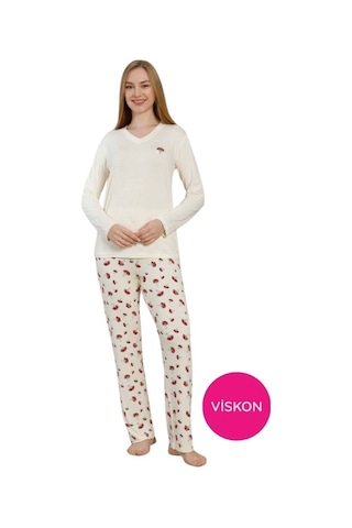 Kadın V Yaka Düğmesiz Mantar Desen Likralı Viskon Mevsimlik Uzun Kol Pijama Takımı Ekru