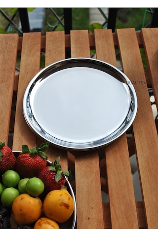 2 Adet Paslanmaz Çelik 20 Cm Sunum Meze Tabağı Yuvarlak Gümüş Renk Tatlı Tabak Metal