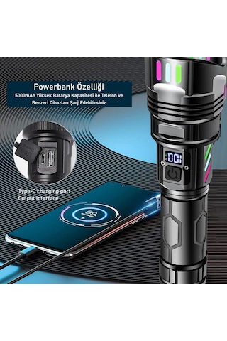 Valkyrie Şarjlı El Feneri 30w Powerbank Özellikli Type-c Zoomlu 5 Modlu Ultra Güçlü Led Fener Siyah