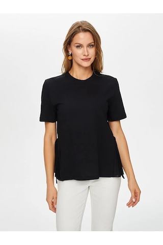 Faik Sönmez Yanları Dokuma Pilise Detaylı Yuvarlak Yaka Kadın T-shirt Us26tsh053 Siyah