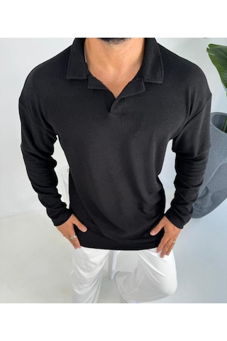 La-boum Polo Yaka Bürümcük Uzun Kol Sweatshirt Siyah