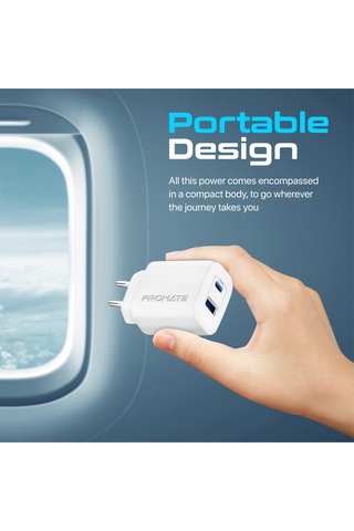 Promate BiPlug-2 17W Yüksek Hızlı Şarj Cihazı, Type-C, USB Beyaz