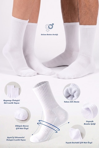 Saysez Bambu Beyaz Tenis Taban Altı Havlu Dikişsiz Performans Spor Çorabı Unisex Model Beden 2'li Paket
