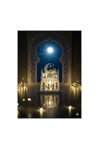 Ramazan Ayına Özel Işıklı Masaüstü Dekor 8x11 Cm Led Li Cami Ve Çocuk Figürlü Ramazan Süsü