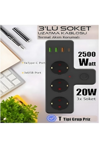 Akım Korumalı 3'lü Priz Çoklayıcı 3 Usb-a 1 Usb-c Çoklu Şarjlı Uzatma Prizi Güvenlik Korumalı Diğer