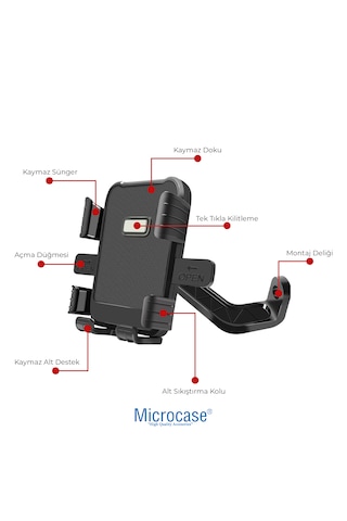 Microcase Motosiklet Telefon Tutucu - Ayna Bağlantılı, 360 Dönebilen Tek Tık Kilitlemeli Sarsıntı Önleyici - Al5743 Siyah