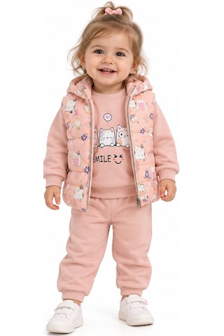 İrem Kız Bebek Kedi Desenli Şişme Yelekli Pudra Renk Üçlü Takım