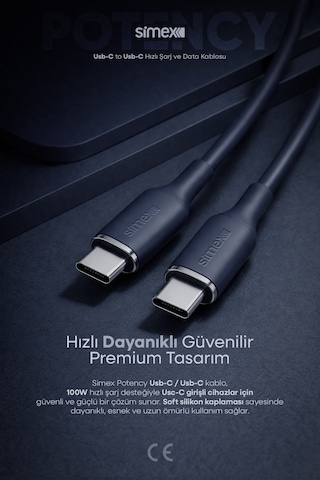 Simex 100w Type-c To Type-c Hızlı Şarj Kablosu İphone Ve Android Uyumlu, Soft Silikon 1.2 M Spk-14