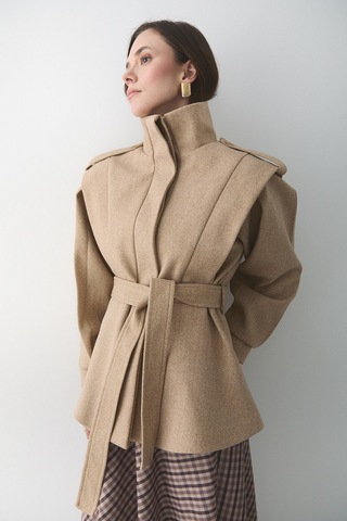 Bej Apoletli Vatkalı Kaşe Kaban - 1005 Bej