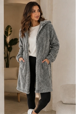 Unika Boutique Kadın Welsoft Fermuarlı Kapüşonlu Uzun Polar Hırka Gri
