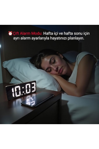 Upway Çift Alarmlı Dijital Masa Saati-aynalı Termometreli Tarihli Sese Duyarlı Beyaz Siyah - Beyaz