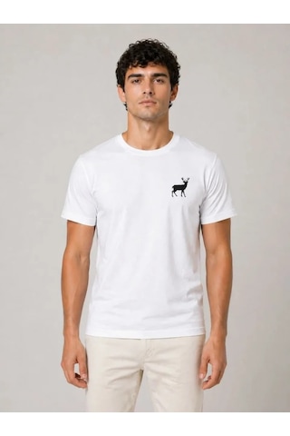 Efnaz Style Erkek Minimal Geyik Logolu Tişört Bisiklet Yaka Kısa Kol Yazlık T-shirt - Beyaz
