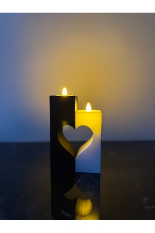 Kalp Detaylı İkili Led Tealight Mumluk Siyah Beyaz Romantik Dekoratif Set