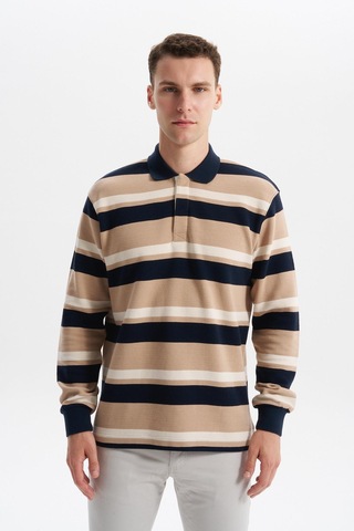 AR-MA Arma Erkek Ribanalı Büyük Beden Battal Boy Çizgili %100 Pamuk Ringel Ottoman Kumaş Polo Yaka Düğmeli Sweatshirt K30554801702 Lacivert