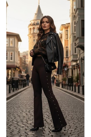 Premium Kalite Yanları Zımba Beli Lastik Detaylı Pantalon Kahverengi