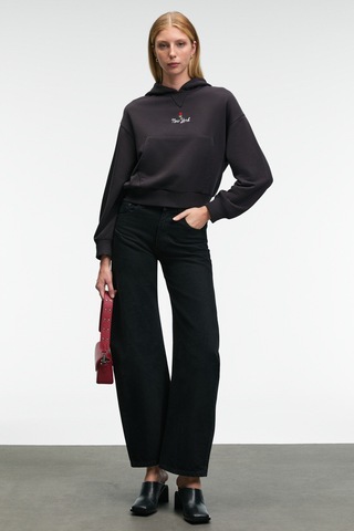 Grimelange ISADORA Kadın Kapüşonlu Nakış Detaylı Regular Fit Crop Antrasit Sweatshirt