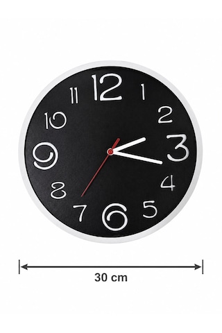 Modern Sessiz Dekoratif 30 Cm Yuvarlak Duvar Saati Siyah - Beyaz