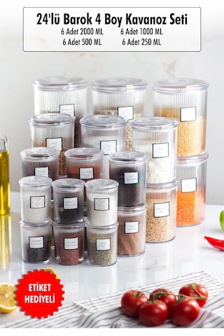 24'lü Barok Yuvarlak 4 Boy Kavanoz Seti & Saklama Kabı & Erzak Kabı 6 2000 Ml, 6 1000 Ml, 6 500 Ml, 6 250 Ml