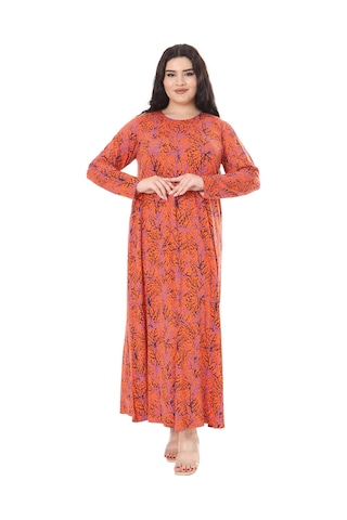 Melsay Butik Turuncu İnce Mercan Desen Uzun Kollu Kadın Elbise Turuncu