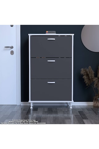 Modilayn Varbi Kapı Önü 72x 127x 26 Cm Lik 3 Düşer Kapak 6 Göz Raf Bölmeli Ayakkabılık Beyaz-antrasit