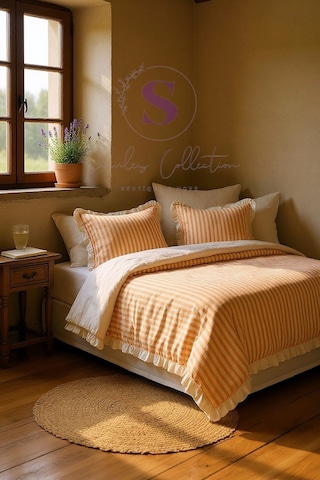 Turuncu-bej % 100 Pamuk Fırfır İplik Boyalı Çift Kişilik Nevresim Takımı,modern Çizgili Nevresım Set Karışık Turuncu