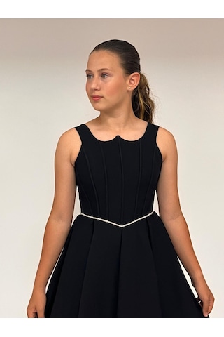 Kız Çocuk Abiye Siyah Krep Kısa Bel İnce Şerit Taş Detaylı Taş Kısa Abiye Elbise 10-15 Yaş Siyah