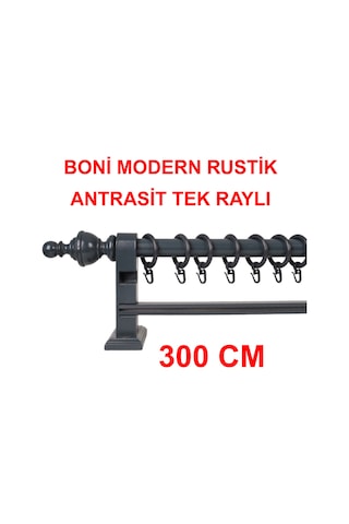 Boni Modern Rustik Ahşap Rustik Perde Askısı Tek Raylı-antrasit 300 Cm Antrasit