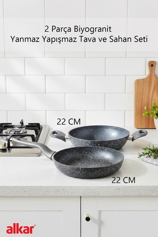 2 Parça 22 Cm Bio Granit Sahan Ve Tava Seti Yanmaz Yapışmaz, Sağlıklı Ve Dayanıklı Kullanım Gri