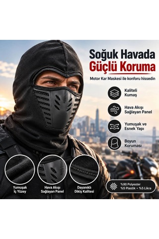 Trendexa Siyah Balaklava Kar Maskesi Air Flow Hava Kanallı Yüz Maskeli Tam Kafa Boyunluk Motorcu Ve Outdoor Renk: Siyah Beden: Standart Adet: 1 Mac