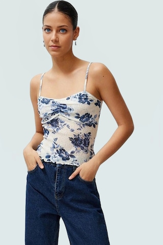 Ersefa İnce Askılı Çiçekli Crop Bluz Rahat Şık Ve Yazlık Polyester Örme Mavi