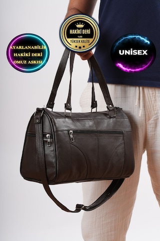 Unisex Hakiki Deri Kahverengi Silindir Model El Ve Omuz Çantası Kahverengi