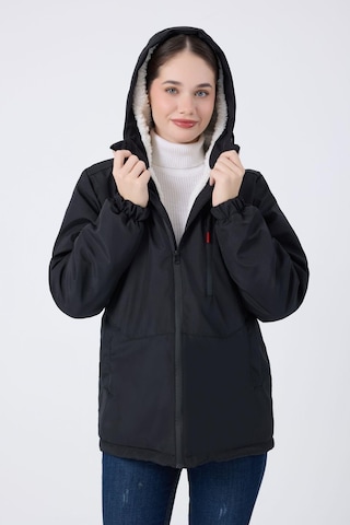 Spor Kadın Kürklü Su Ve Rüzgar Geçirmez Kapüşonlu Mont & Kaban & Parka Siyah